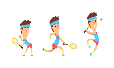 Canvas Print - Male Tennis Player Character Set, Athlete in Sports Uniform Playing Tennis Cartoon Vector Illustration