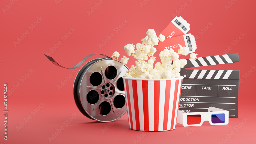 3d render of popcorn with cinema time - obrazy, fototapety, plakaty 