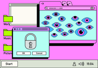 retro vaporwave desktop with message boxes and user interface elements. a conceptual illustration of
