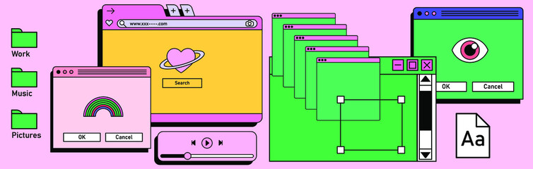 Retro vaporwave desktop with message boxes and user interface elements. A conceptual illustration of website and application programming.