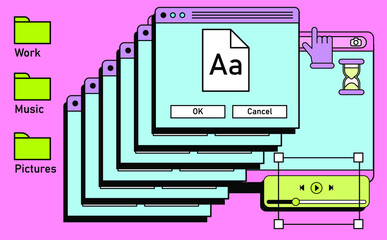 Retro vaporwave desktop with message boxes and user interface elements. A conceptual illustration of website and application programming.