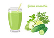© Sunnydream - Vegan detox green smoothie. Healthy organic drink in glass with straw and group of vegetables and fruits. Apple, lime, celery, cucumber and mint. Vector food illustration in cartoon flat style.