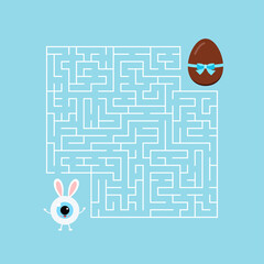 Wall Mural - Easter bunny eyeball kids maze game. Help white eye ball boy with bunny rabbit ears to find right way to chocolate egg in labyrinth. Vector flat design dental baby puzzle illustration in cartoon style