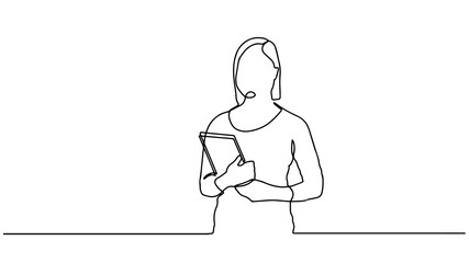 One single line drawing of young female bisinesswoman holding the file. business woman concept continuous line draw design illustration. Business woman with folder wearing a suit one line design.