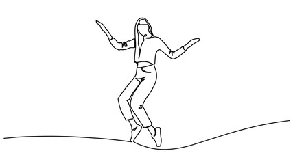 Wall Mural - Continuous line drawing of happy jumping woman athlete. Happy jumping woman. Continuous one line drawing. Vector illustration. Continuous line drawing of jumping girl. A woman jump looks happy,