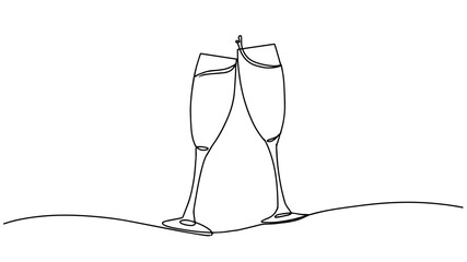 Continuous one line drawing isolated on white background. Vector outline contour glasses of champagne sketch. Two glasses of wine continuous one line drawing. Minimalist line art of cheering glasses.