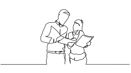 Continuous line drawing of woman and man standing talking about work. Single continuous line drawing of two woman startup founders have a business talk. Business chat concept one line draw design.