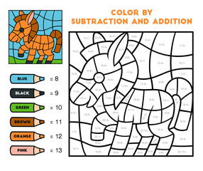 Color by addition and subtraction, education game for kids, Horse