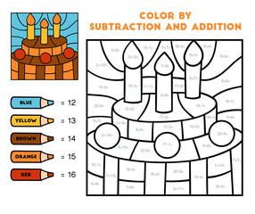 Wall Mural - Color by addition and subtraction, education game for kids, Birthday cake