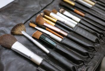 Sticker - set of makeup brushes in a black case, a concept of a make-up and a visit to a beauty salon