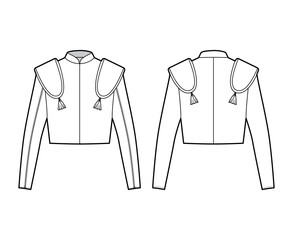 Wall Mural - Torero jacket matador technical fashion illustration with long sleeves, stand collar, waist length, embellish. Flat chaqueta template front, back, white color style. Women, men, unisex top CAD mockup
