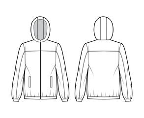 Wall Mural - Windbreaker jacket technical fashion illustration with hood, oversized, long sleeves, welt pockets, zip-up opening. Flat coat template front, back white color style. Women, men, unisex top CAD mockup