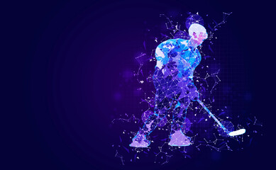 Hockey player illustration with plexus effect over dark blue background, sport concept