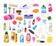 Set elements for hygiene bath product, vector illustration. Hygiene products for home beauty wellness design. Bathroom care accessories concept