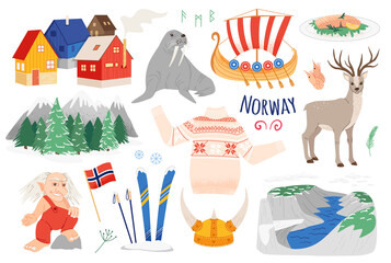 Norway vector icon set in a naive style. Travel Norway illustrations isolated on white. Scandinavian culture