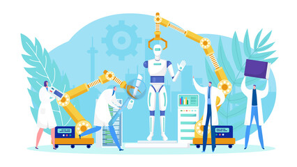 Robotics technology design by people team concept vector illustration. Flat modern ai science innovation, future robotic business.