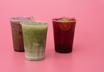 Sticker - Iced green tea,iced cocoa and iced lemon tea on pink background