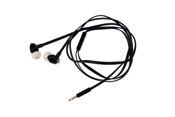 Wired earpieces in black on a white background, isolated.