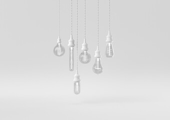 White Vintage light bulb hanging in white background. minimal concept idea creative. monochrome. 3D render.