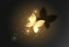 Abstract Design. Gold Glowing Butterfly With Dots On A Dark Background.