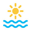 Ocean icon vector. Blue sea waves with yellow sun for summer holiday illustration.