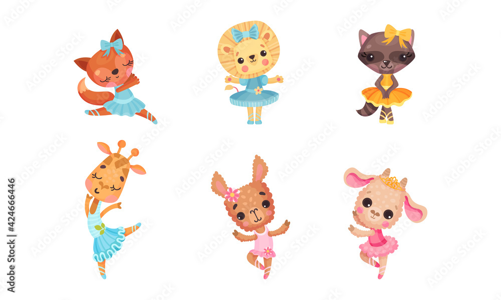 Cute Mammals with Sheep and Lion in Ballerina Dress and Bow on Head Dancing Vector Set - obrazy, fototapety, plakaty 