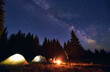 © anatoliy_gleb - Man is showing his friends Milky Way over tent city. Outdoor recreation