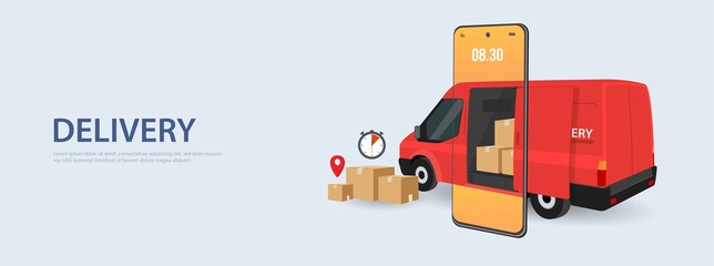 Fast delivery package by truck on mobile phone. Order package in E-commerce by app. Tracking courier by map application. Three dimensional concept. Vector illustration