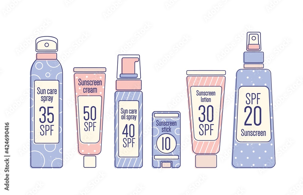 Tubes and bottles of sunscreen products with different SPF levels in line art style. Set of anti-UV cream, lotion, spray and stick. Colored flat vector illustration isolated on white background - obrazy, fototapety, plakaty 