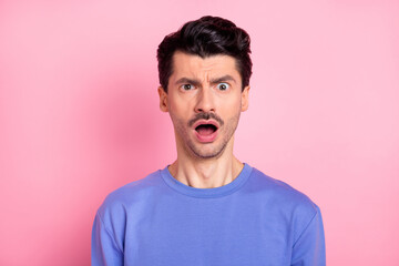 Poster - Photo of brunet impressed guy open mouth wear blue shirt isolated on pastel pink color background