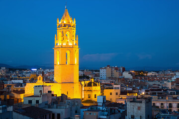 General view on city and cathedral in Reus in evening