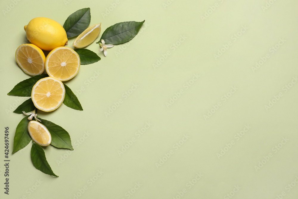 Many fresh ripe lemons with leaves and flowers on light green background, flat lay. Space for text - obrazy, fototapety, plakaty 