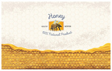 Honey Combs With Honey, And A Symbolic Simplified Image Of A Bee As A Design Element On A Textured Background.