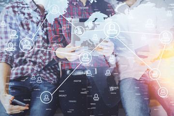 double exposure of social network theme drawing and man and woman working together holding and using