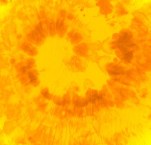 Psychedelic Ink Patterns. Circle Cool Style. Batik Texture. Artistic Effect. Tie Dye Art Painting. Abstract Dye. Hippie Circular Design. Yellow Color Fabric. Orange Swirl Abstract Dye.