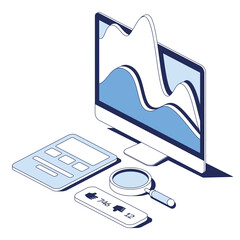 Social media analytics, reviews and likes, computer and tablet. Vector 3d line isometric, web icons, blue color. Creative design idea for infographics.