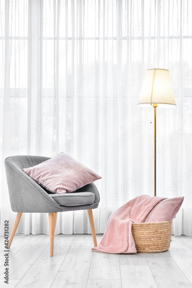 Interior of modern room with armchair and lamp - obrazy, fototapety, plakaty 