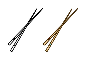 Wall Mural - Chopsticks doodle icon. Linear and color version. Black simple illustration of bamboo food sticks. Symbol of asian cuisine. Contour isolated vector pictogram on white background