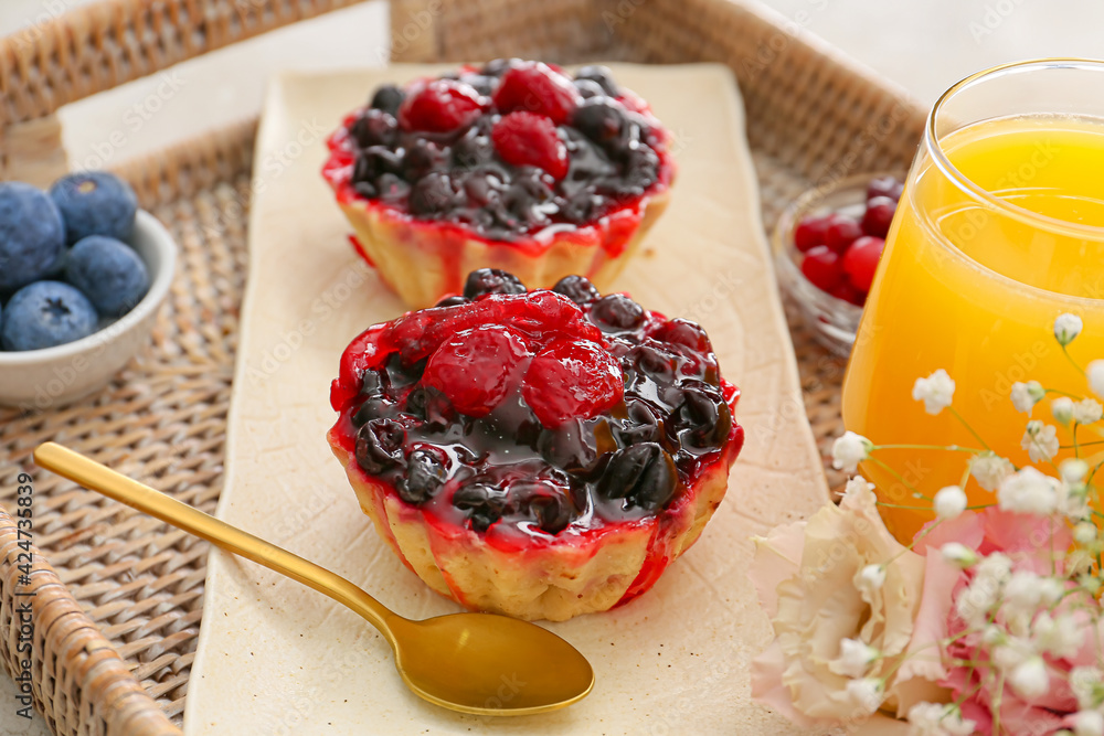 Tasty breakfast on tray, closeup