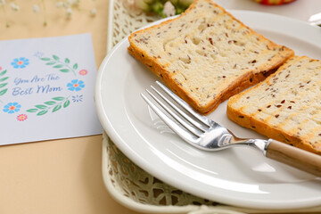 Canvas Print - Tasty breakfast for mother on color background, closeup