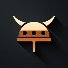 Gold Viking In Horned Helmet Icon Isolated On Black Background. Long Shadow Style. Vector