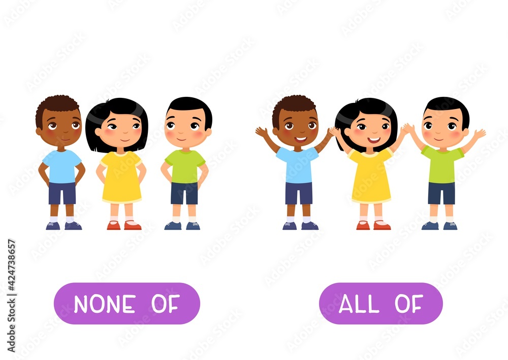 NONE OFF and ALL OFF antonyms word card, Opposites concept. Flashcard for English language learning. Multiracial children hold their hands up in agreement, no one raised their hand. - obrazy, fototapety, plakaty 