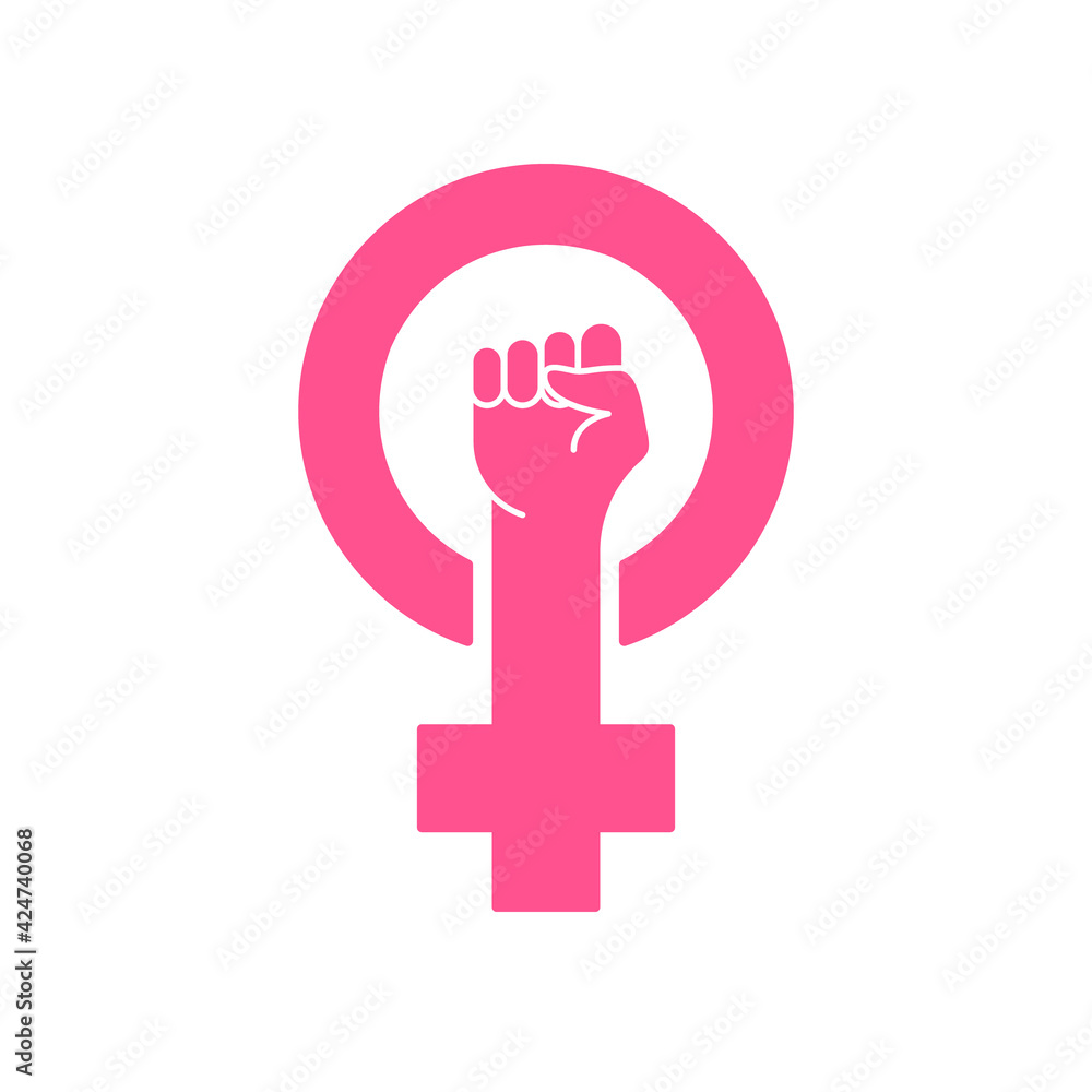 Feminism protest symbol. Pink female first, women rights. Symbol of feminism movement. Girl Power Sign. Pink arm silhouette on white background. Vector illustration