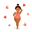 The concept of body positive, love your body, self-love, self-care. A woman in a pink swimsuit on a white background with apples and a heart. 
