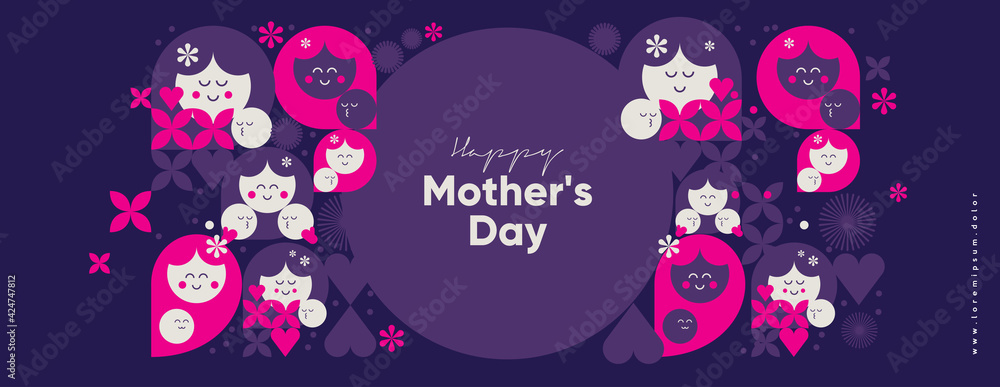 Mom's day. Women's Day. Vector flat illustration. Abstract backgrounds, patterns about mothers day. Hearts, abstract geometric shapes. Perfect for poster, label, banner, invitation. - obrazy, fototapety, plakaty 