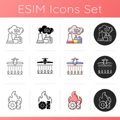 Wall Mural - Air pollution icons set. Fighting pollution disaster problems. People damaging own home. Humanity problem. Linear, black and RGB color styles. Isolated vector illustrations