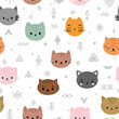 Tribal seamless pattern with cartoon cats. Abstract geometric art print. Hand drawn ethnic background with cute animals. Kitten