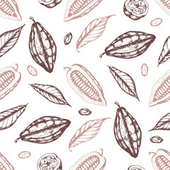 Poster - Seamless pattern with cocoa beans and leaves