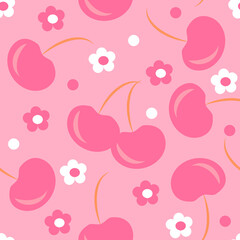 Wall Mural - vector seamless pattern with hand drawn cherries and flowers on a pink background. summer bright background. trend illustration in flat style