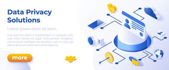 DATA PRIVACY SOLUTIONS - Isometric Design in Trendy Colors Isometrical Icons on Blue Background. Banner Layout Template for Website Development